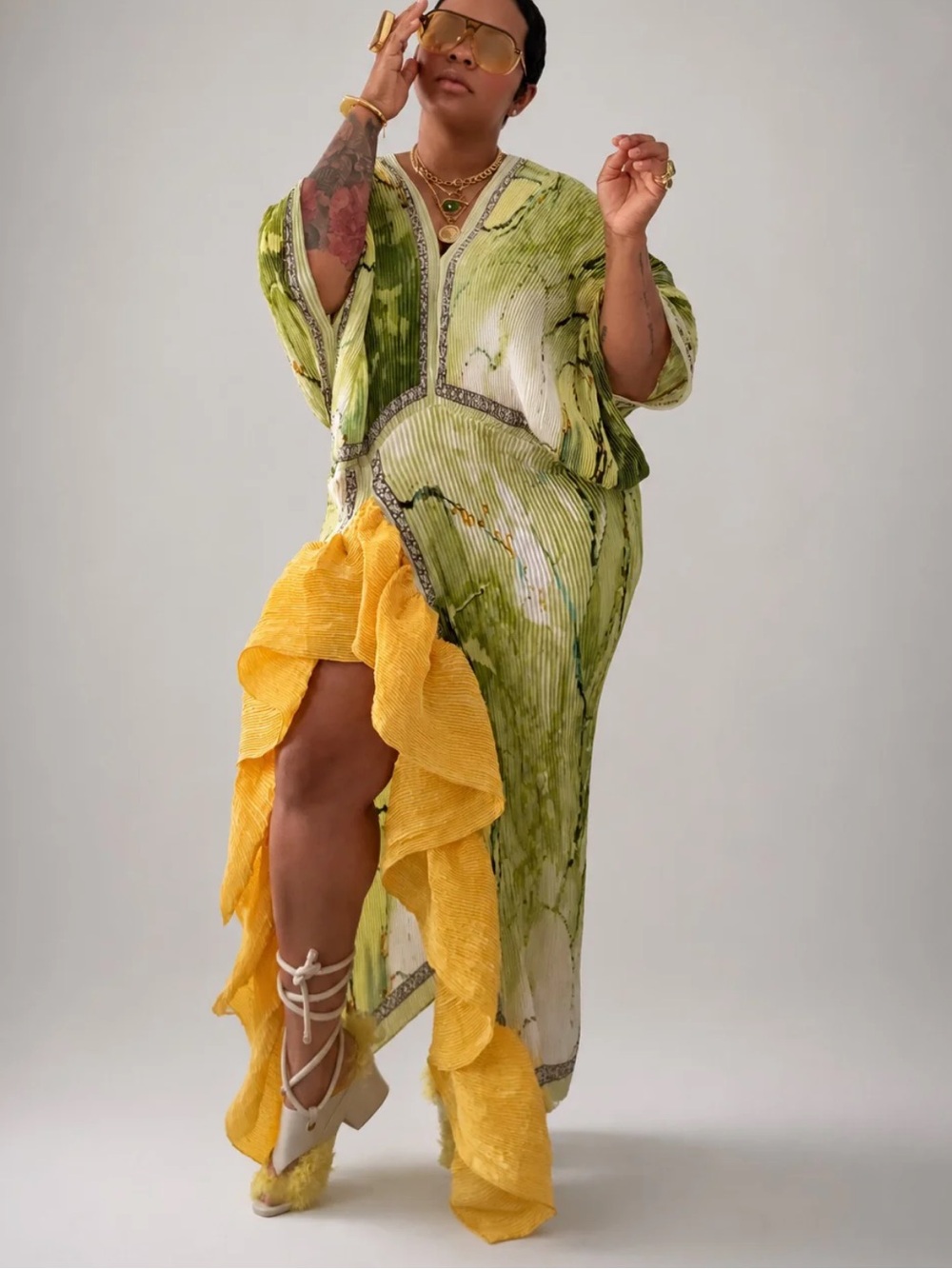 Terrell Dominick Green and Yellow Pleated Top/Dress